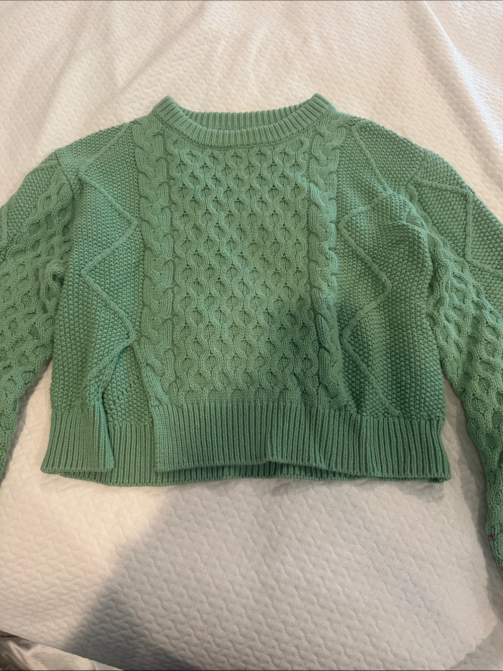 Cropped Sage Green Cable-Knit Crewneck Sweater